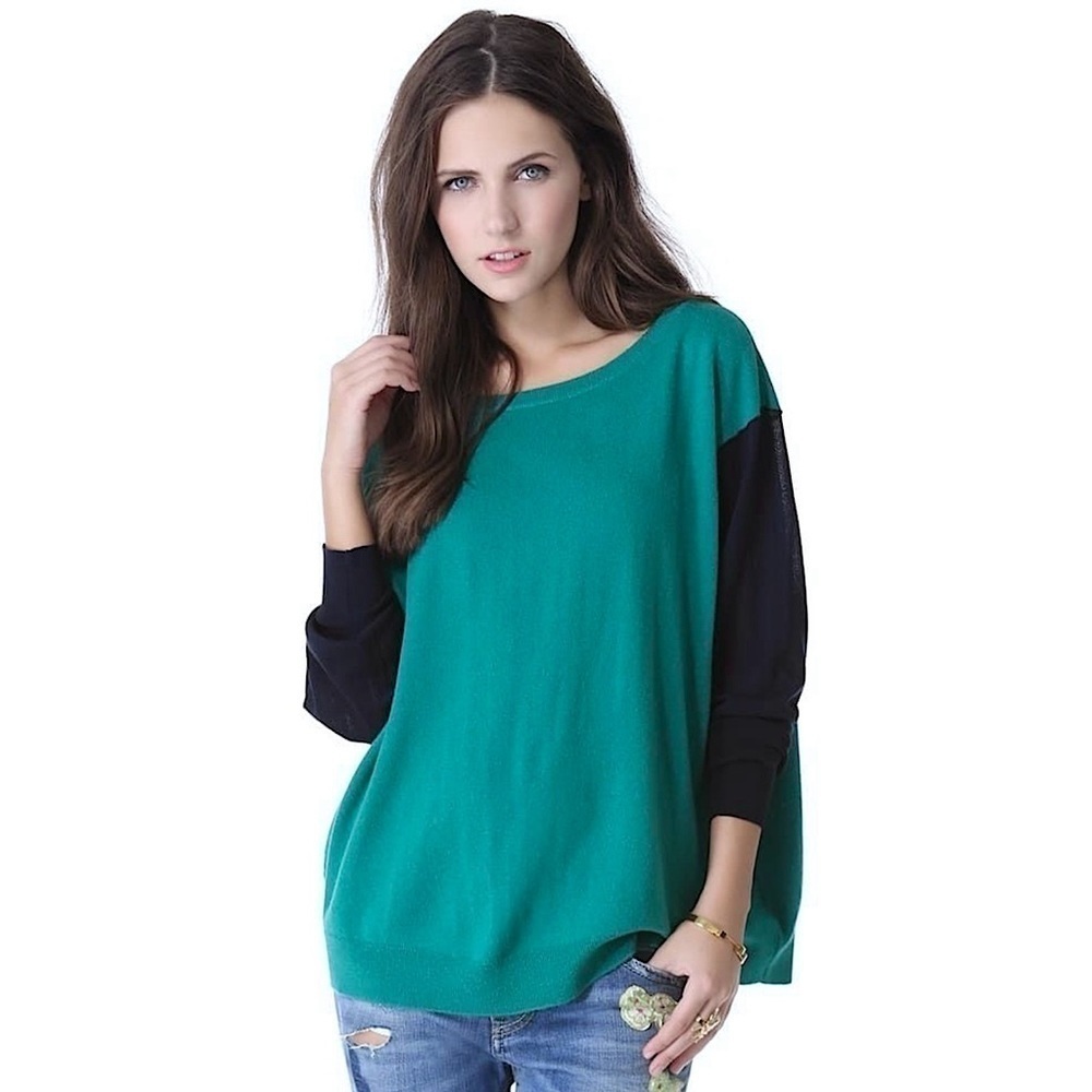 DVF Wool Silk Cashmere Long Sleeve Turquoise Colorblock Oversized Sweater S